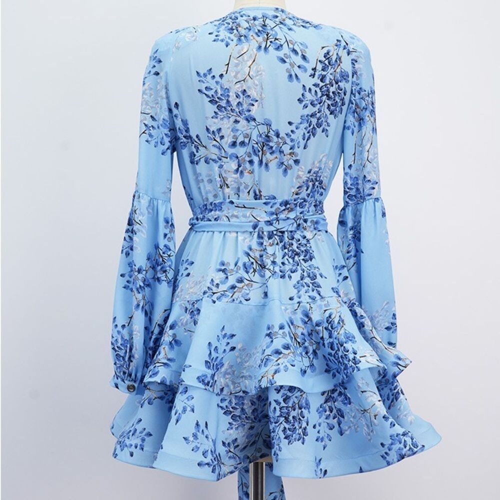 NWOT BRONX ADN BANCO BEDOUIN BLUE POPPY SHORT DRESS Floral Wrap Dress - Picture 9 of 13